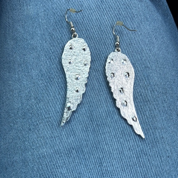 Silver Feather Wing Dangle Earrings with Textured Design - Picture 2 of 2